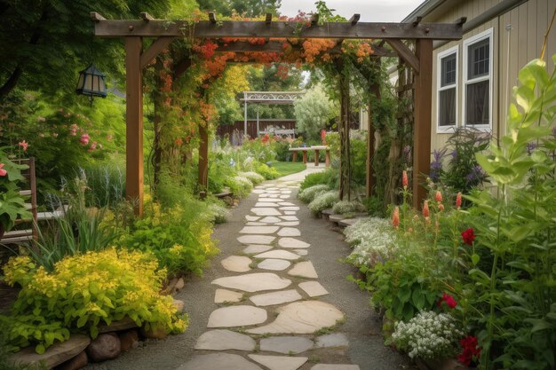 Cortile con sentiero in pietra pergolato e fiori colorati