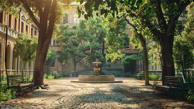 Cortile soleggiato con fontana e alberi Pittura di paesaggio estivo