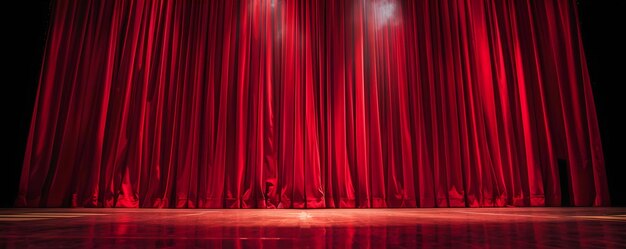 Cortine teatrali in luce rossa profonda che evidenziano il classico drappeggio teatrale Concept Theatre Design Stage Decor Deep Red Curtains Spotlight Lighting Classic Stage Drapery