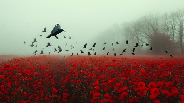 corvi in un campo di papaveri