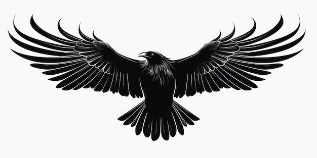 Corvo nero in volo Illustrazione di un uccello maestoso in silhouette perfetta per loghi ed emblemi