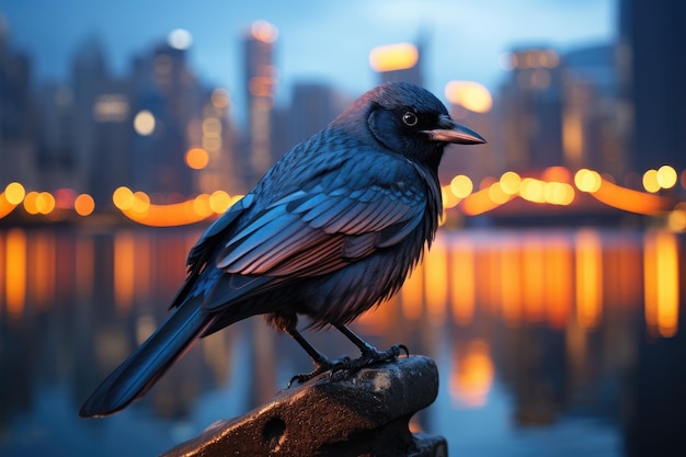 Corvo solitario osserva la città tra i rami al crepuscolo generativo IA