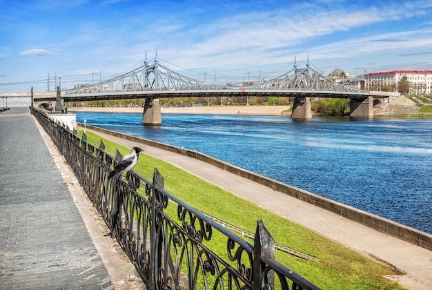 Corvo sulla recinzione dell'argine del Volga a Tver e ponte Starovolzhsky