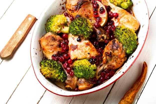 Cosce di pollo al forno con broccoli.