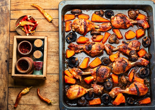 Cosce di pollo al forno con zucca e funghi su tavola di legno