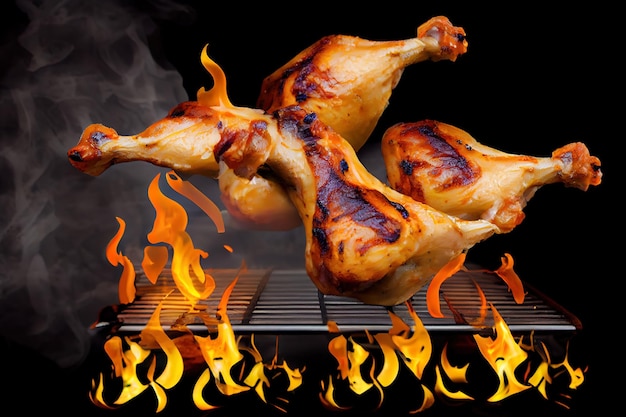 Cosce di pollo alla griglia con fiamme Generative Ai