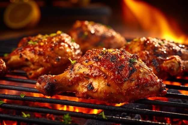 Cosce di pollo alla griglia su un barbecue con fiamme sullo sfondo