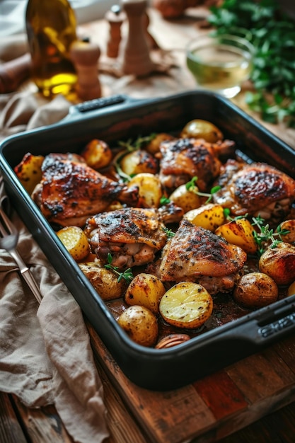 Cosce di pollo fritte e patate nel forno su un vassoio su un tavolo di legno