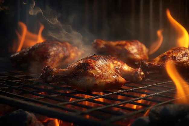 Cosce e ali di pollo alla griglia con fiamme generate dall'intelligenza artificiale