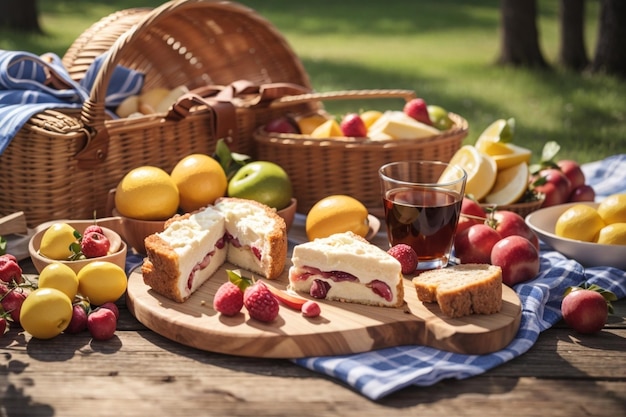 Cose essenziali per un picnic su uno sfondo di legno