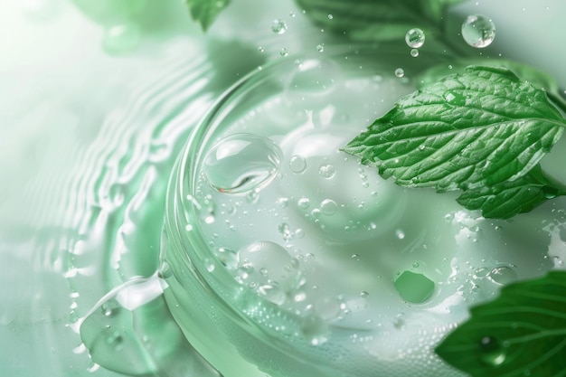 Cosmetica idratante a focalizzazione morbida toner d'acqua o emulsione verde estratto di erbe sfondo astratto