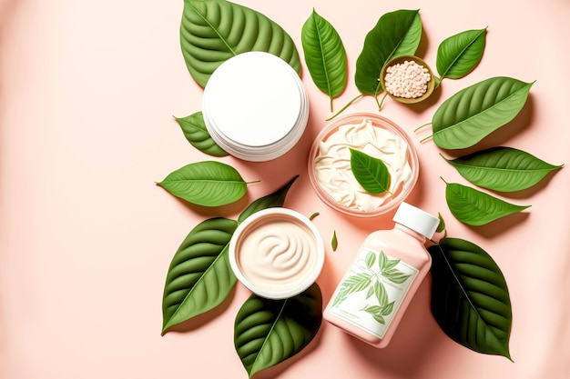 Cosmetici biologici con prodotti termali piante flatlay su sfondo rosa