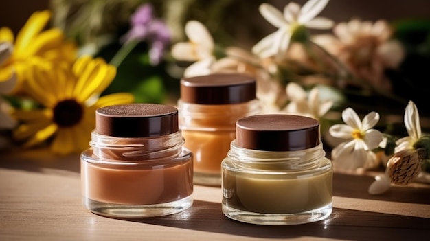 Cosmetici ecologici biologici naturali in vasetti aperti con fiori di ciliegio in fiore bellezza e tema SPA Contenitori cosmetici con crema o lozione ingredienti naturali concetto di cura del viso Generativo Ai