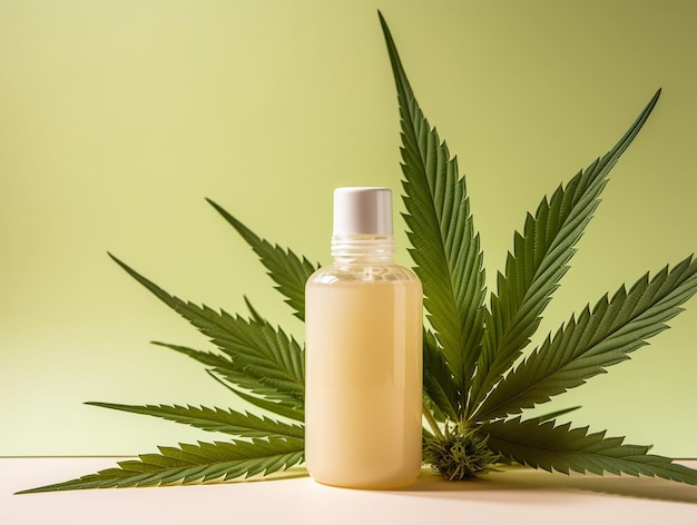 cosmetici per il viso su uno sfondo chiaro con foglie di marijuana generate ai