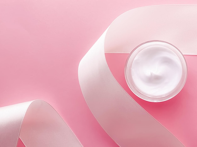 Cosmetici per la cura della pelle crema idratante vasetto e nastro di seta bianca su sfondo rosa prodotto di bellezza flatlay primo piano