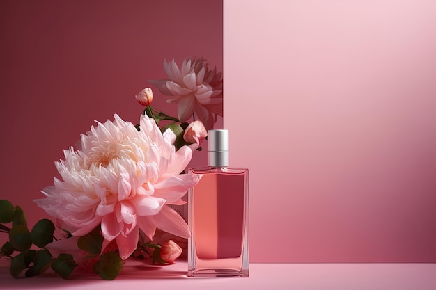 Cosmetico di lusso mock up di bottiglia di profumo e fiori su sfondo rosa