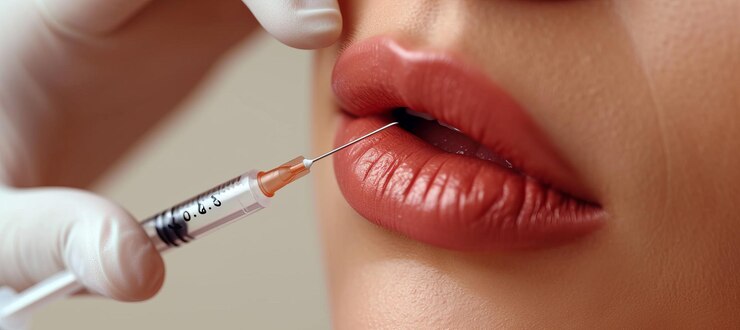 Foto cosmetico medico iniezione labbra della donna copia spazio per il testo concetto di medicina estetica