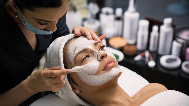 Cosmetologo applica maschera bianca al viso della donna