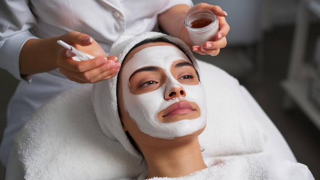 Cosmetologo che applica una maschera sul viso di un cliente in un salone di bellezza