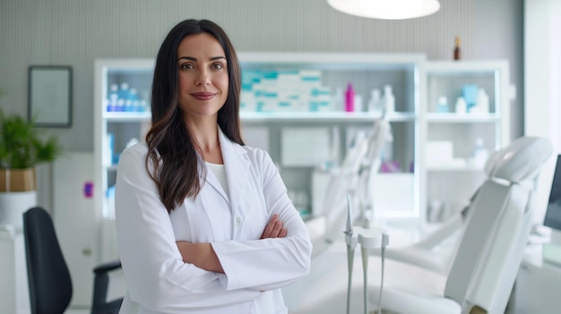 Cosmetologo donna fiduciosa in piedi con le braccia incrociate in una clinica di bellezza ben attrezzata che mostra un ambiente professionale e accogliente