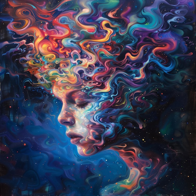 Cosmic Dreamscape Un viso femminile che si fonde con un vortice psichedelico di colori cosmici