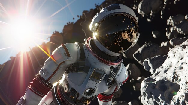 Cosmic Explorer tuta spaziale intrepido astronauta che naviga attraverso un campo di asteroidi mozzafiato in un'esplorazione di realtà virtuale 3D render silhouetted illuminazione lente flare vista a schermo diviso