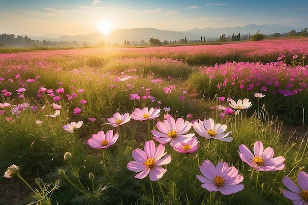 Cosmos fiori campo sotto la luce del sole del mattino