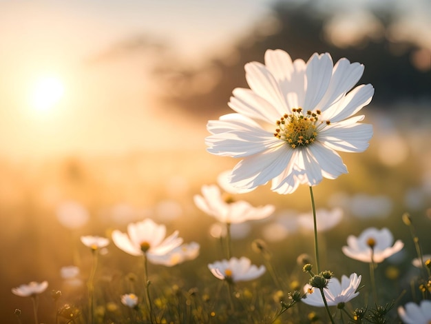 Cosmos fiori campo su sfondo tramonto sfocato AI generato