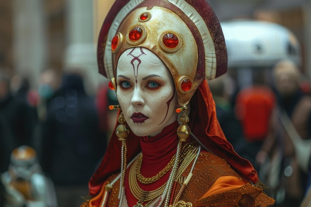 Cosplayer femminile nel ruolo della regina Amidala al UK Comic Con