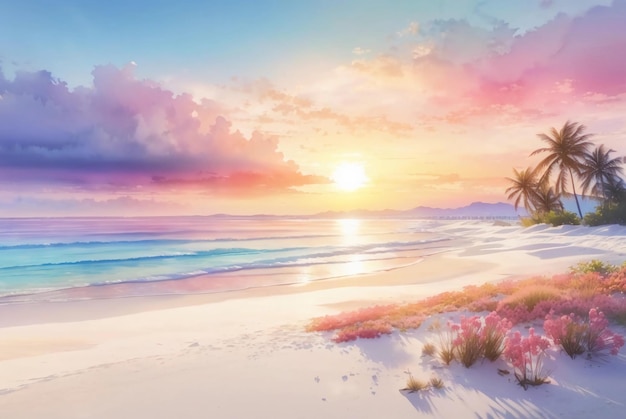 Costa colorata spiaggia palmate in acquerello multicolore