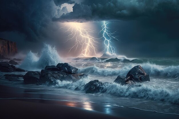 Costa tempestosa dell'oceano con onde che si infrangono contro la riva e fulmini che lampeggiano nel cielo