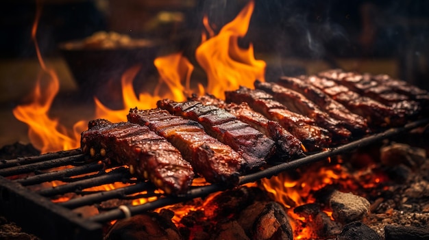 Costole barbecue brasiliane su un fuoco a terra