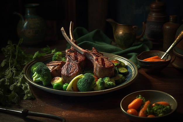 Costolette di agnello alla griglia con verdure su uno sfondo scuro