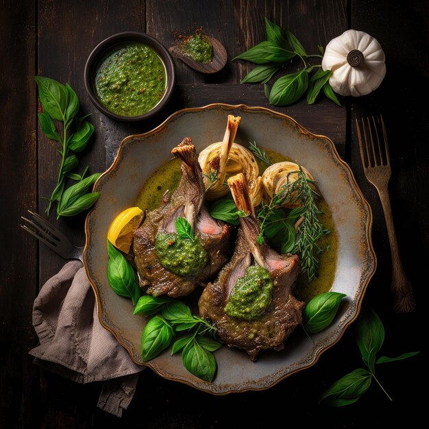 Costolette di agnello preparate con salsa al pesto Illustration AI Generative