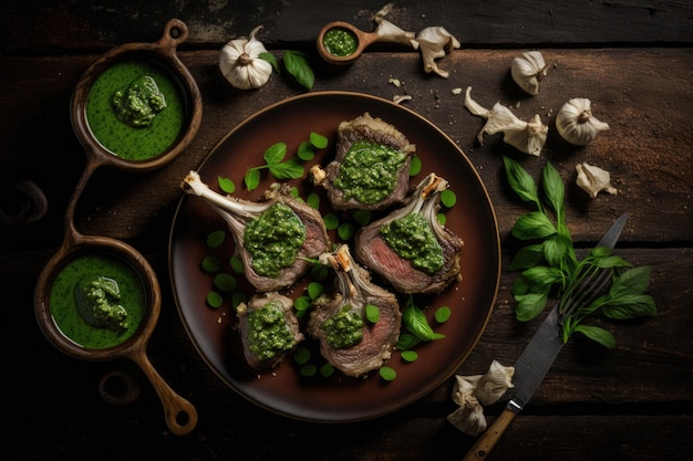 Costolette di agnello preparate con salsa al pesto Illustrazione Generative AIxA