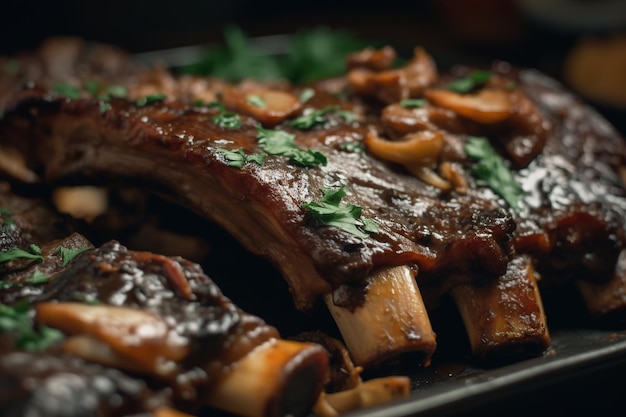 Costolette succose alla griglia servite con spezie verdi Pasto barbecue estivo con gustosa carne fresca sulle costole IA generata