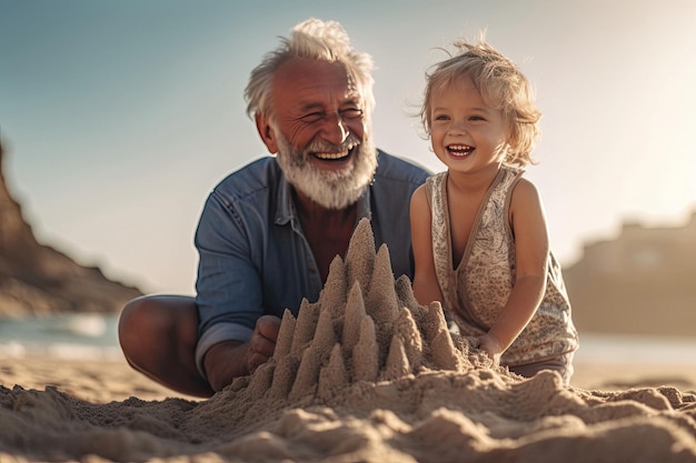 Costruire castelli di sabbia al tramonto durante le vacanze al mare creati con l'IA generativa