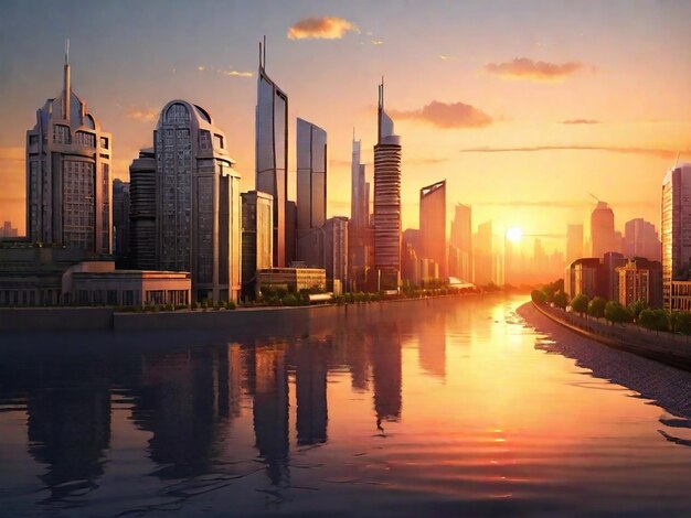 Costruire città e tramonto con il fiume