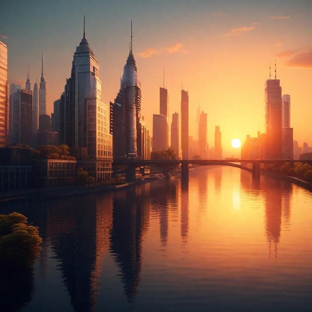 Costruire città e tramonto con il fiume