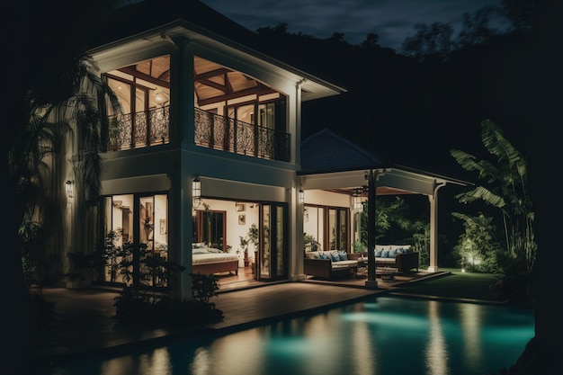 Costruire una casa o una casa Mostrando una villa con piscina tropicale all'esterno