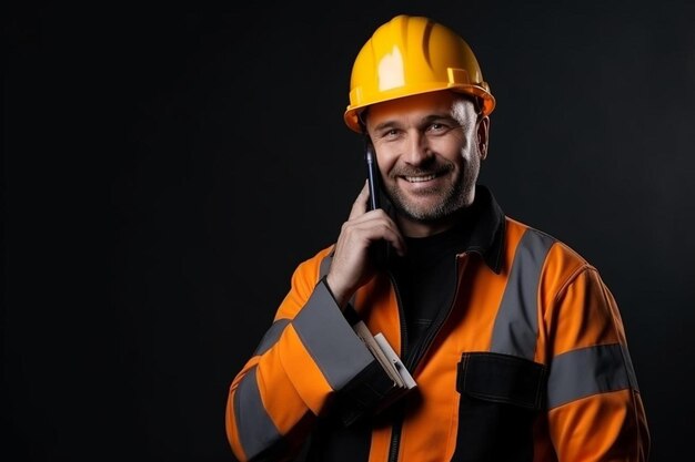 Costruttore con telefono uomo in uniforme operaio edile riparatore in giubbotto e casco caposquadra al buio