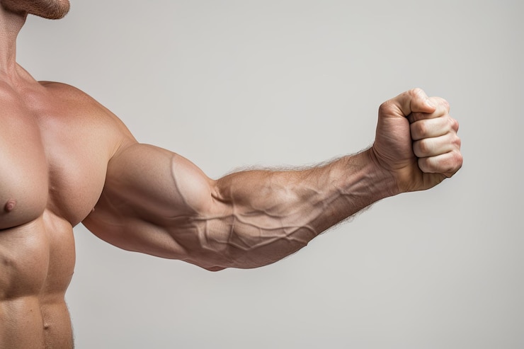 Foto costruttore di corpo che flette il suo biceps lato interno su sfondo bianco dettaglio della mano solo senza faccia un