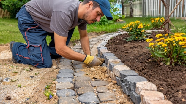 Costruttore di sentieri che posa la pietra nel cortile di casa