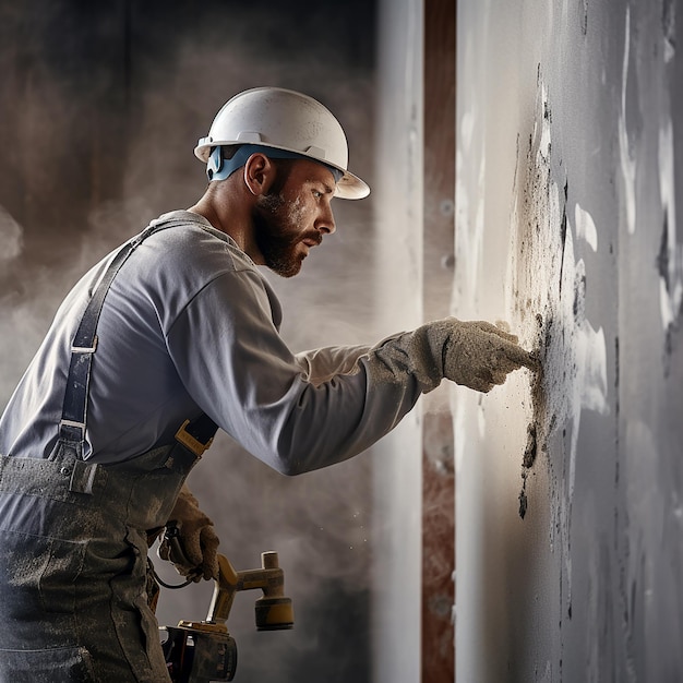 Costruttore in tuta da lavoro che intonaccia un muro all'interno