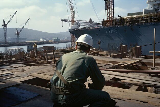 Costruttore navale che costruisce nave da guerra con vista sul cantiere navale e sull'oceano sullo sfondo