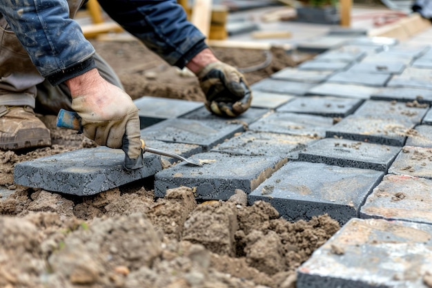 Costruttore posa lastre di pavimentazione all'aperto