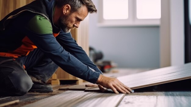 Costruttore professionista che posa pavimenti in laminato a casa