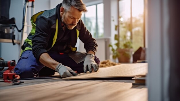 Costruttore professionista che posa pavimenti in laminato a casa