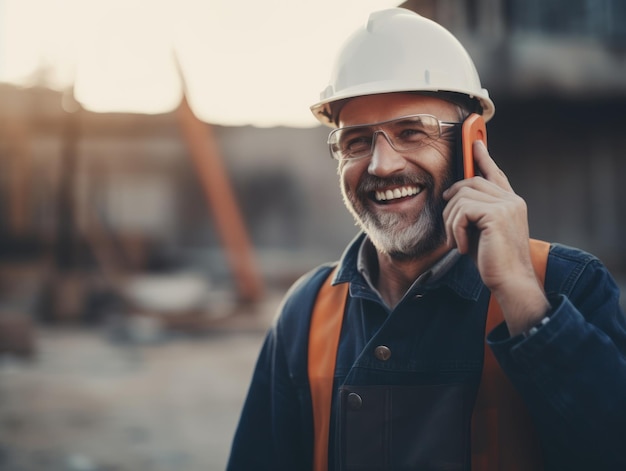 Costruttore sorridente in elmetto in un cantiere edile