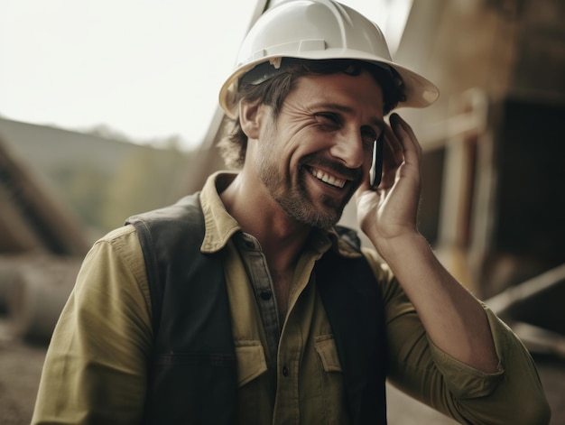 Costruttore sorridente in elmetto in un cantiere edile